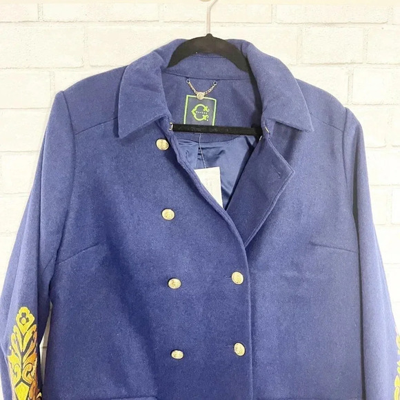 C. Wonder Blue & Gold Embroidered Button Front Pea Coat Women's Plus Size 14 - Picture 2 of 7